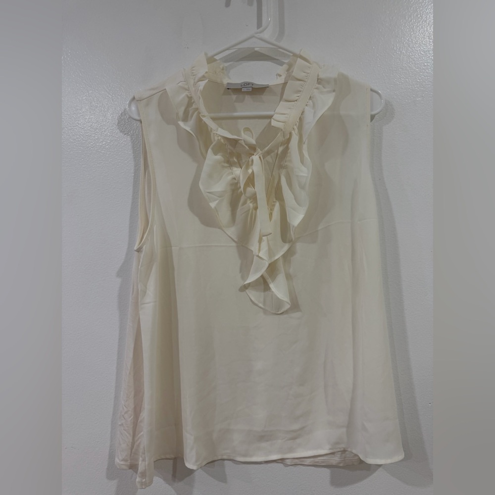 LOFT Cream Sleeveless Blouse with Ruffle Detail